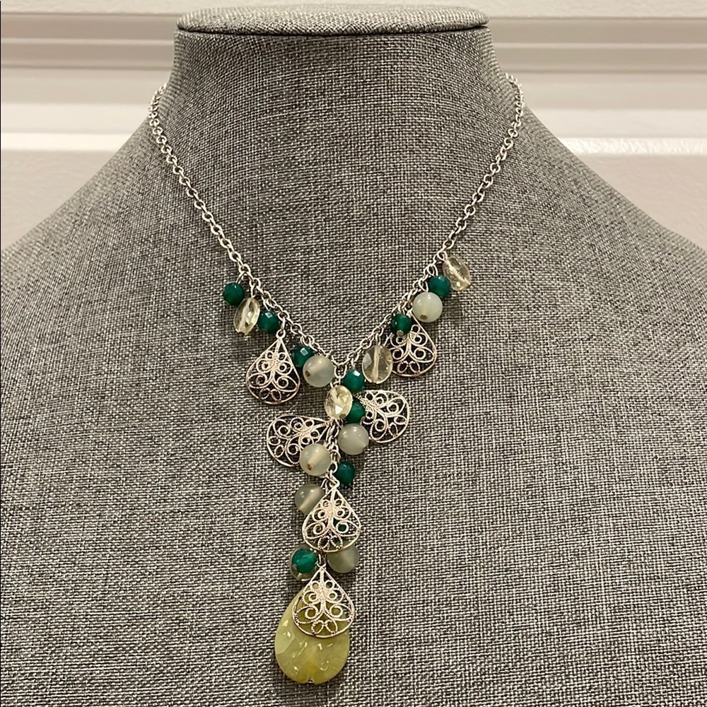 Vintage Faux Pearl and Green Plastic Bead with Silver Tone Filigree Charms